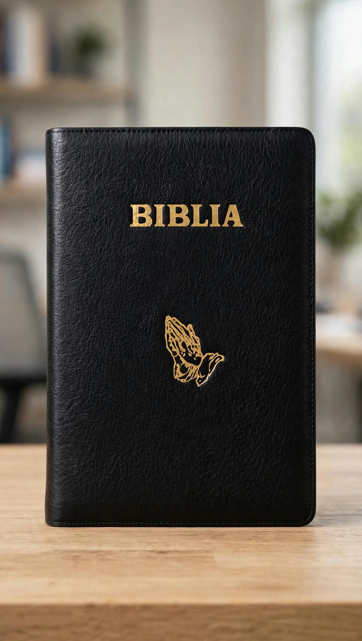 Biblia cu scris foarte mare, marime foarte mare, format A4, coperta din piele bizonată, neagra, mâini în rugă, trad. Cornilescu